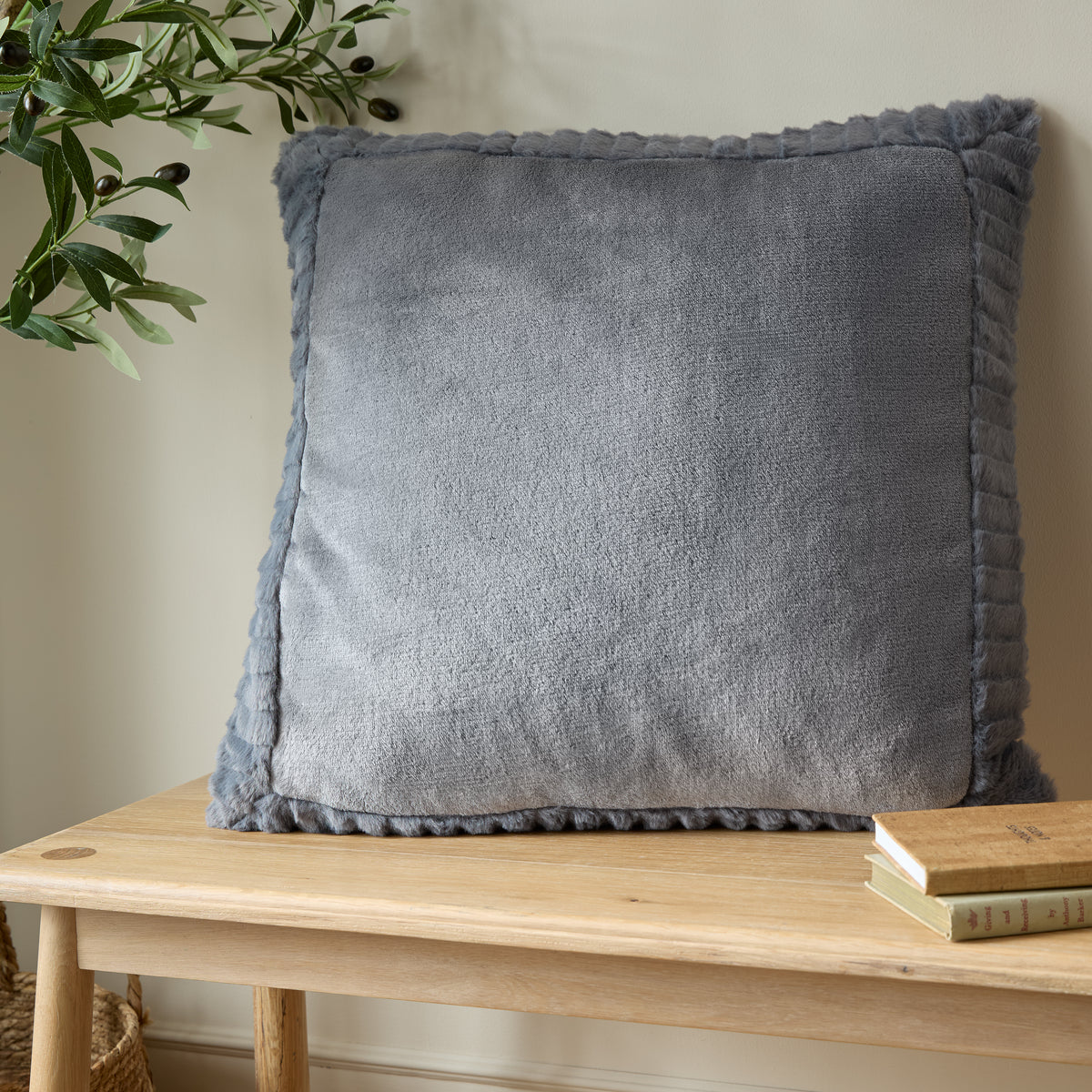 Catherine Lansfield Velvet and Faux Fur Cushion in Charcoal 55 x 55cm