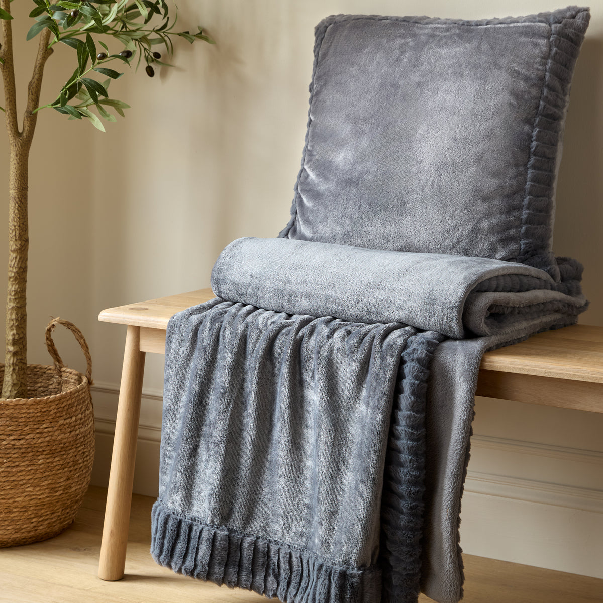 Catherine Lansfield Velvet and Faux Fur Cushion in Charcoal 55 x 55cm