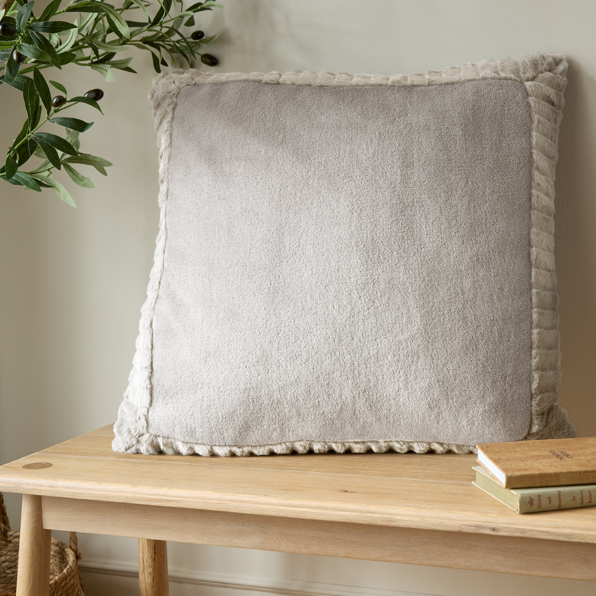 Catherine Lansfield Velvet and Faux Fur Cushion in Natural 55 x 55cm