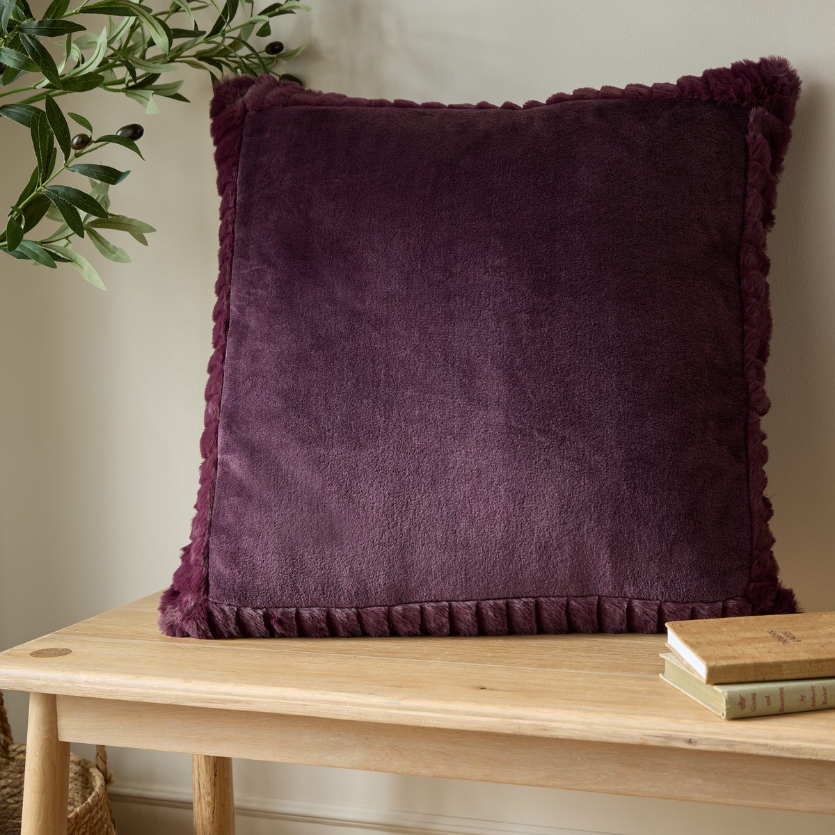 Catherine Lansfield Velvet and Faux Fur Cushion in Plum 55 x 55cm