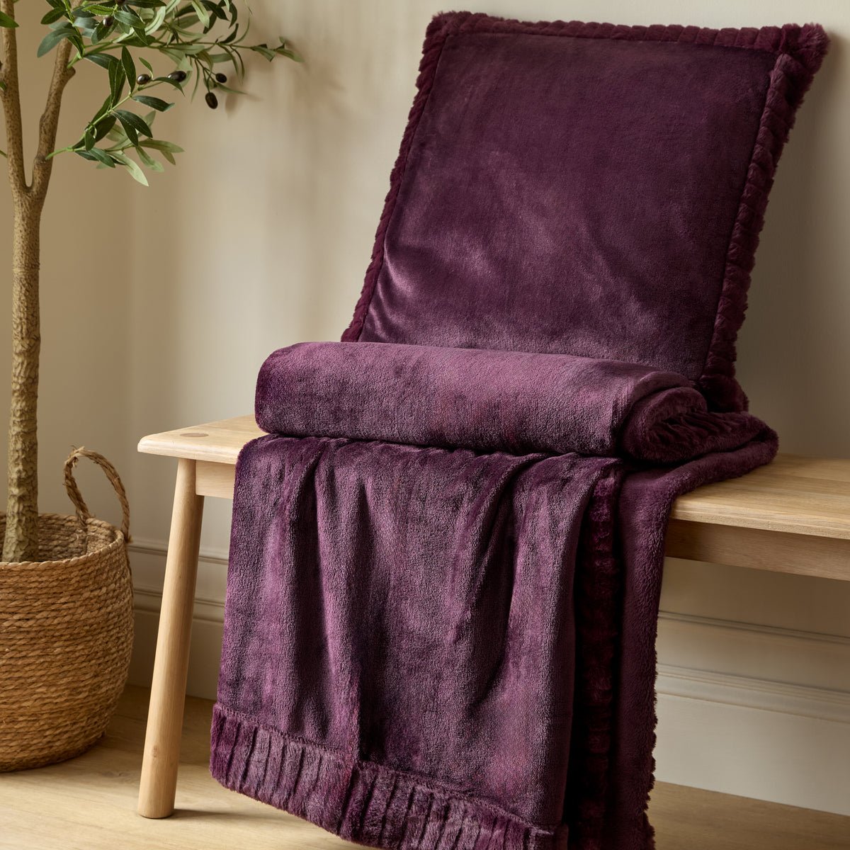 Catherine Lansfield Velvet and Faux Fur Cushion in Plum 55 x 55cm