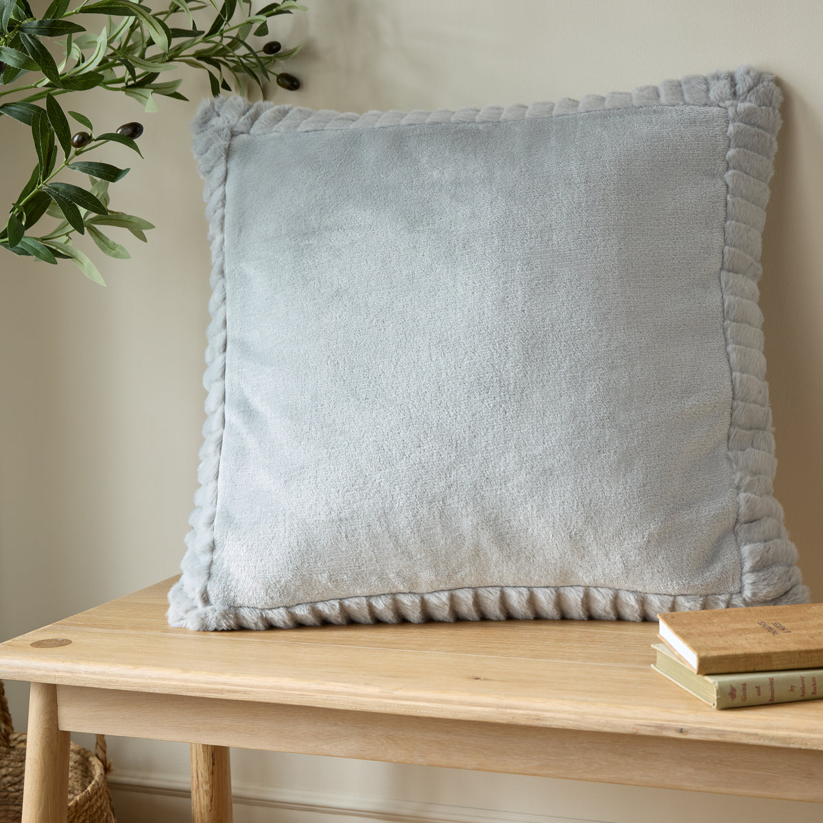 Catherine Lansfield Velvet and Faux Fur Cushion in Silver 55 x 55cm