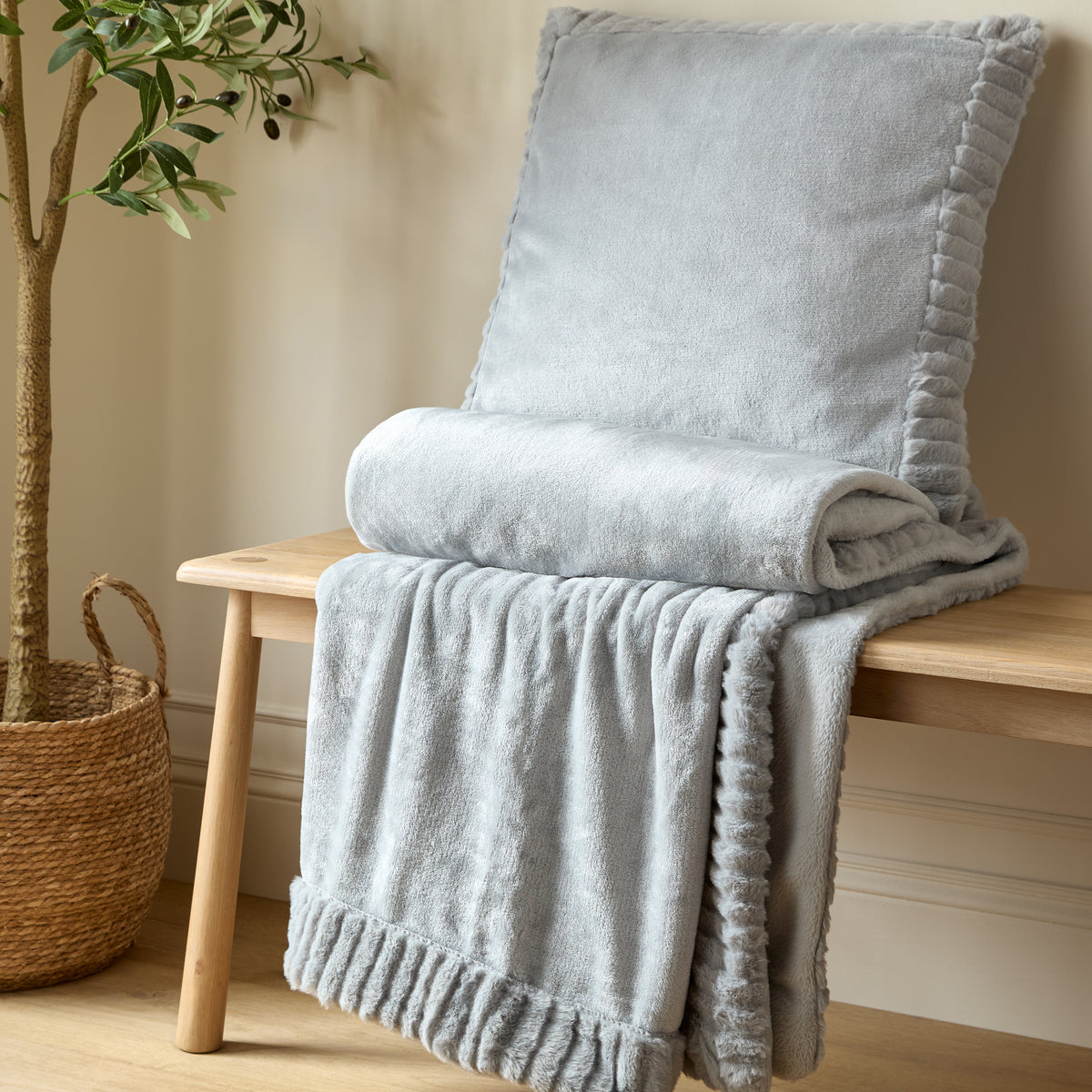 Catherine Lansfield Velvet and Faux Fur Cushion in Silver 55 x 55cm
