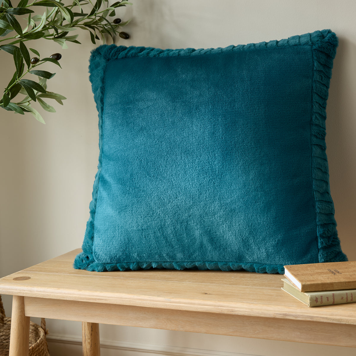 Catherine Lansfield Velvet and Faux Fur Cushion in Teal 55 x 55cm