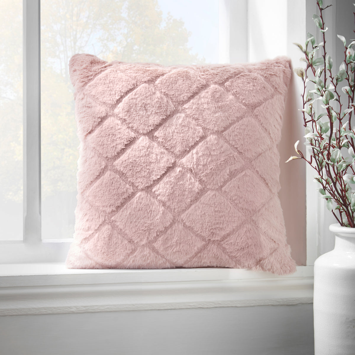 Catherine Lansfield Cosy Diamond Faux Fur Soft Touch 43x43cm Cushion Blush Pink