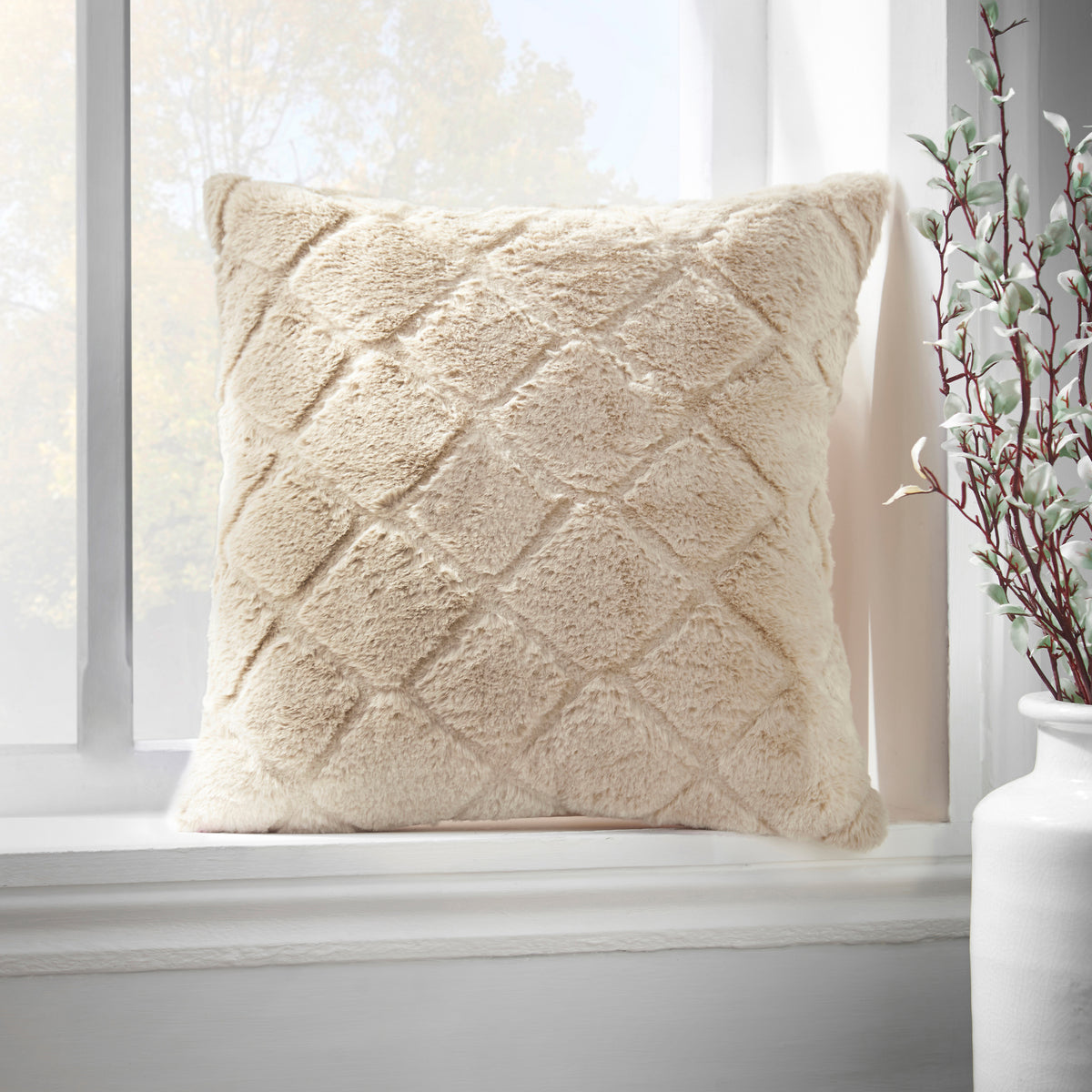Catherine Lansfield Cosy Diamond Faux Fur Soft Touch 43x43cm Cushion Natural