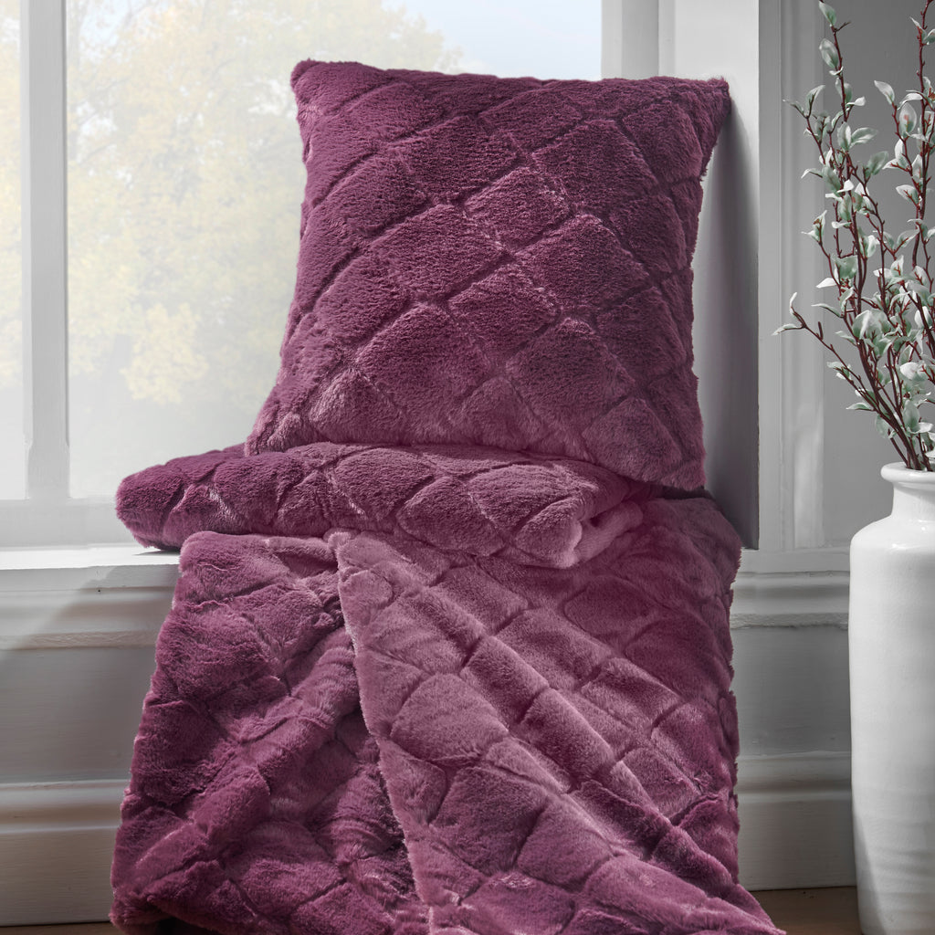 Catherine Lansfield Cosy Diamond Faux Fur Soft Touch 43x43cm Cushion Plum