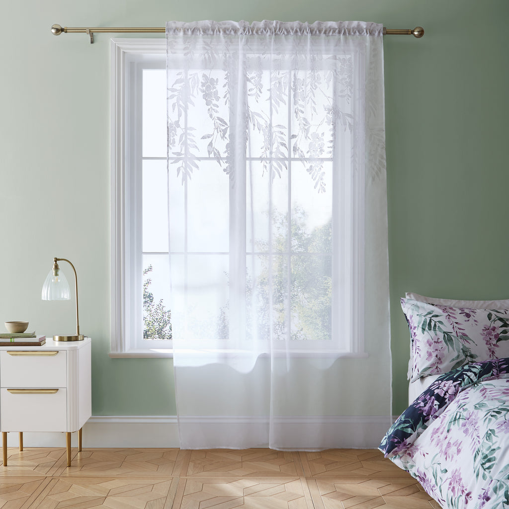 Catherine Lansfield Wisteria Floral Slot Top Voile Curtain Panel in White