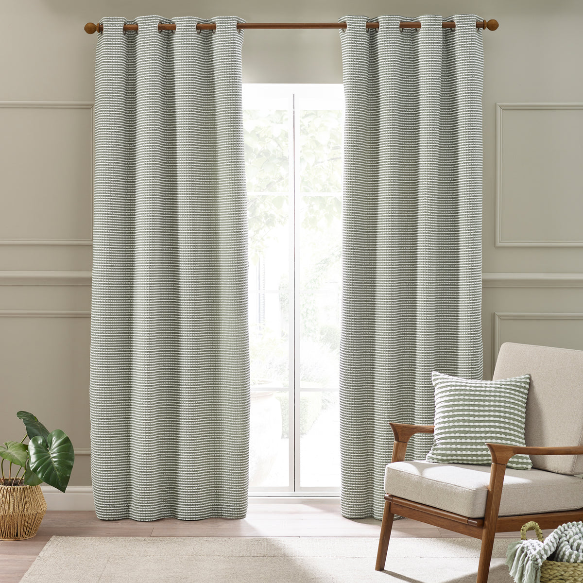 Catherine Lansfield Stab Stitch Lined Eyelet Curtains in Sage