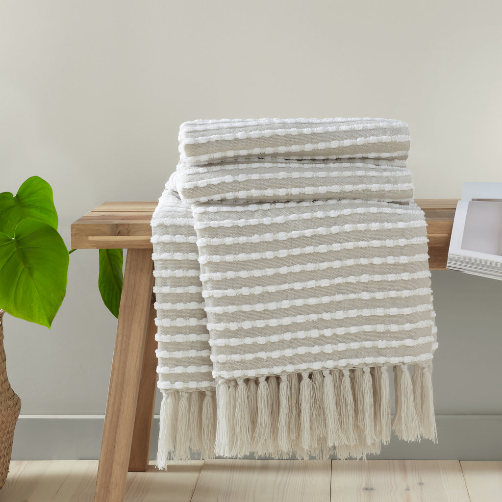 Catherine Lansfield Stab Stitch Embellished Blanket Throw in Natural