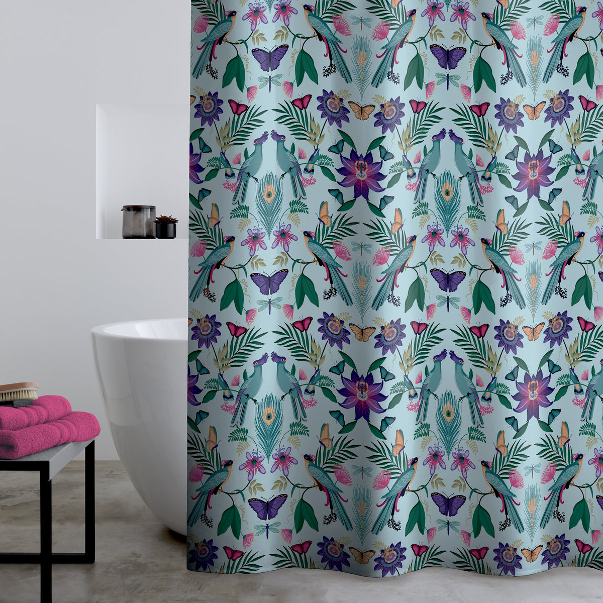 Catherine Lansfield Mya Tropical Bird Shower Curtain in Duck Egg Blue 180 x 180cm