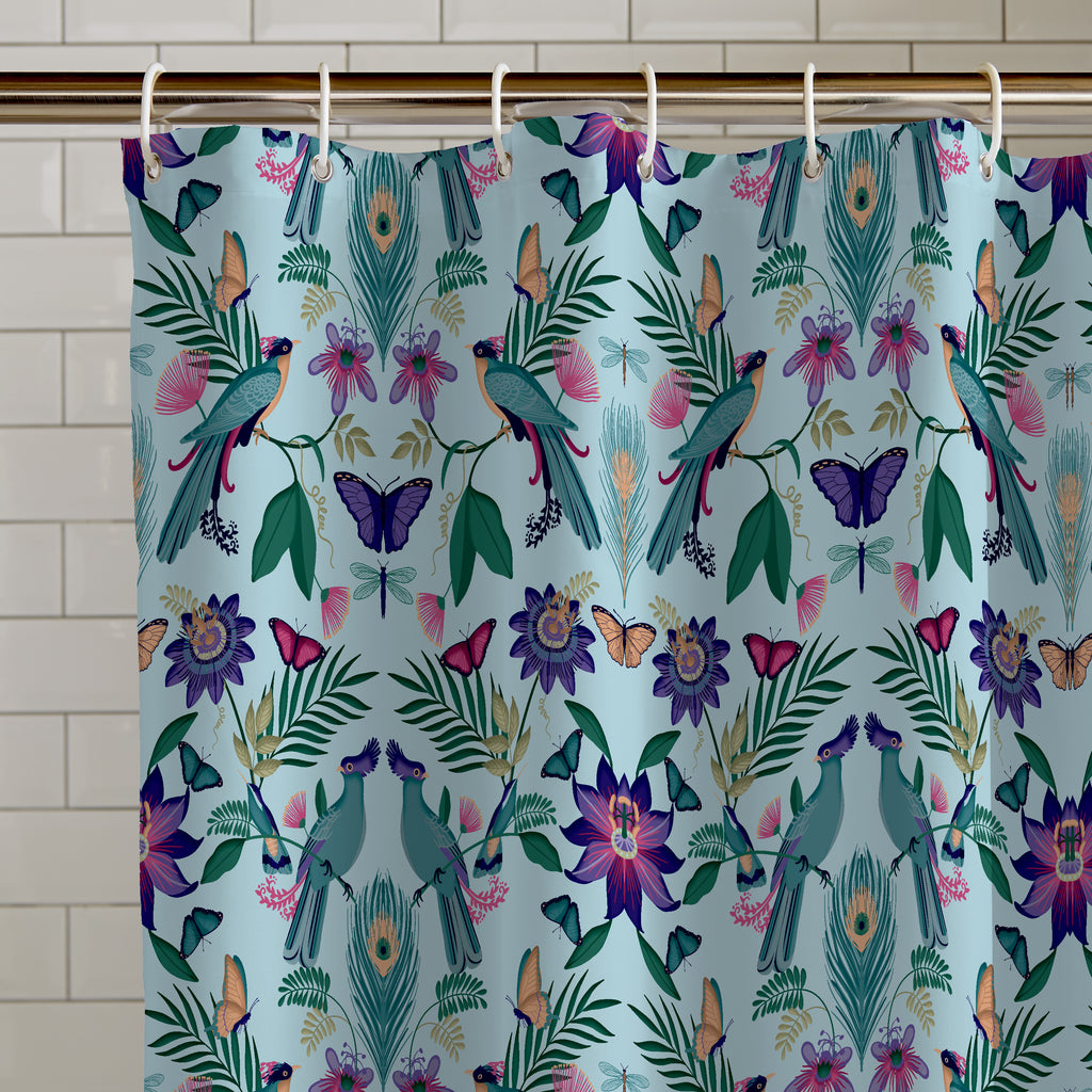 Catherine Lansfield Mya Tropical Bird Shower Curtain in Duck Egg Blue 180 x 180cm