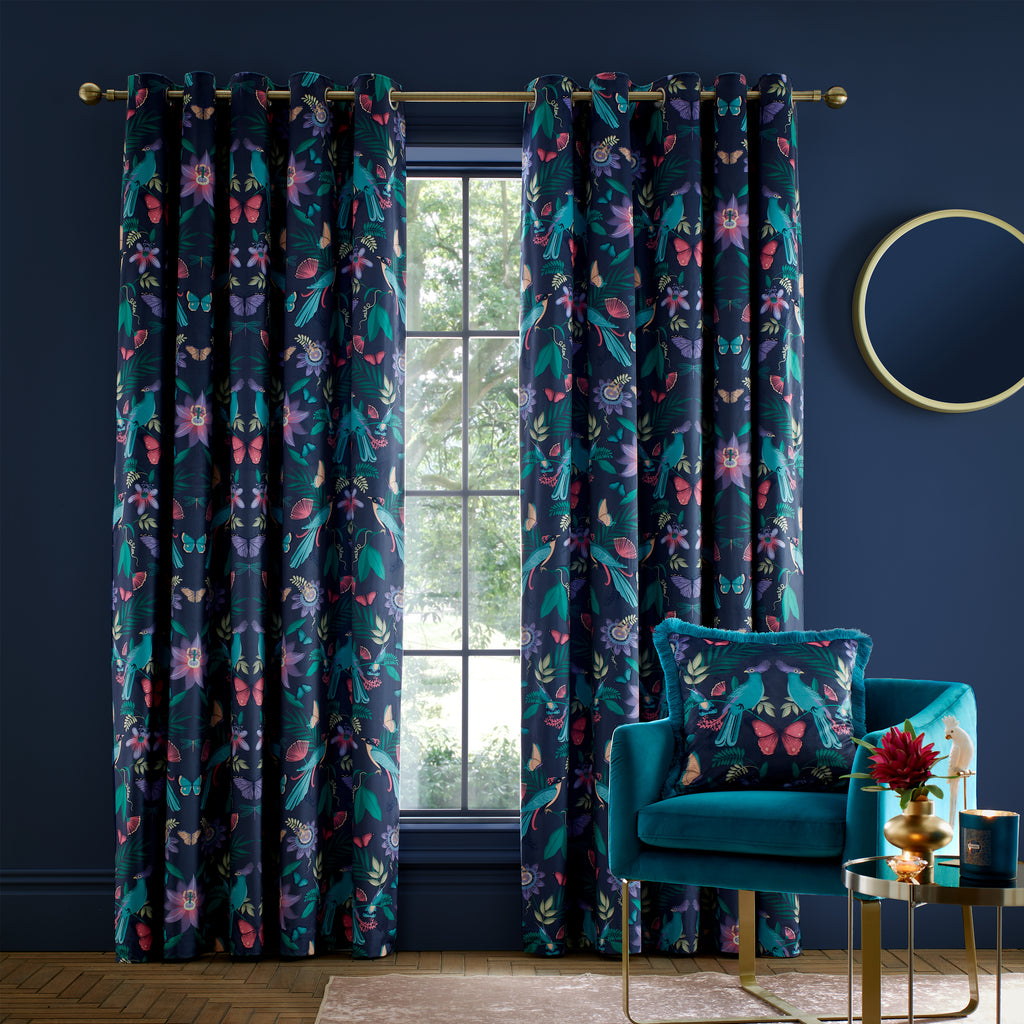Catherine Lansfield Mya Fully Lined Birds Eyelet Curtains in Navy