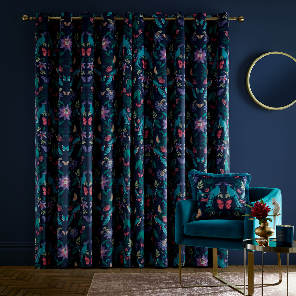 Catherine Lansfield Mya Fully Lined Birds Eyelet Curtains in Navy