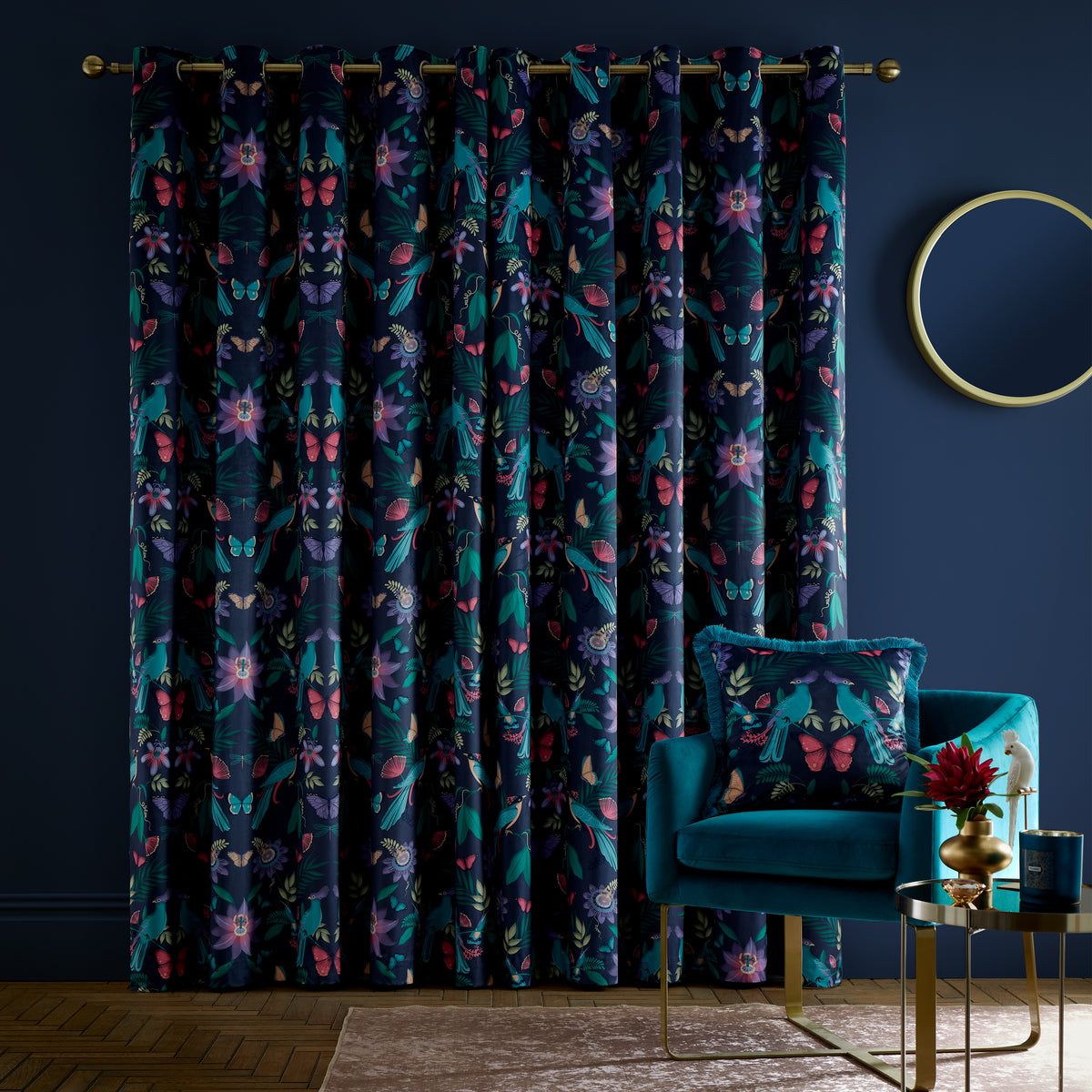 Catherine Lansfield Mya Fully Lined Birds Eyelet Curtains in Navy
