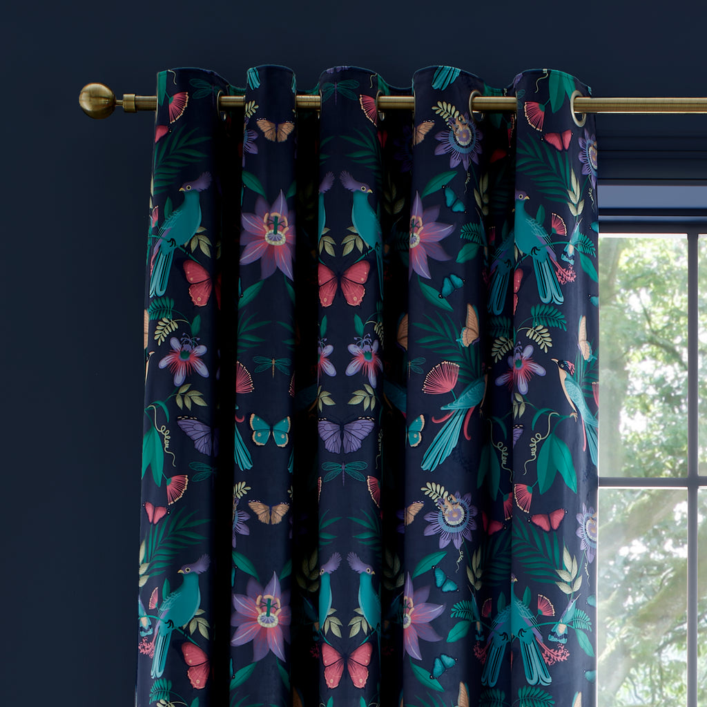 Catherine Lansfield Mya Fully Lined Birds Eyelet Curtains in Navy