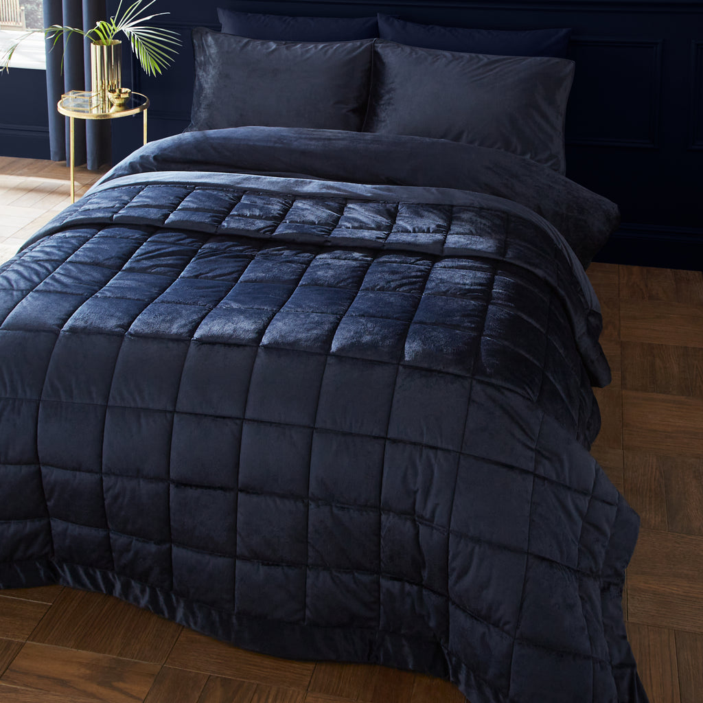 Catherine Lansfield Kingsley Matt Velvet Quilted 220x220cm Bedspread Navy