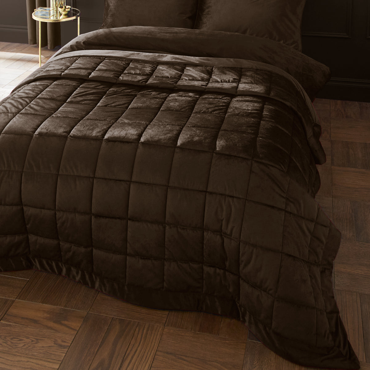 Catherine Lansfield Kingsley Matt Velvet Quilted 220x220cm Bedspread Chocolate