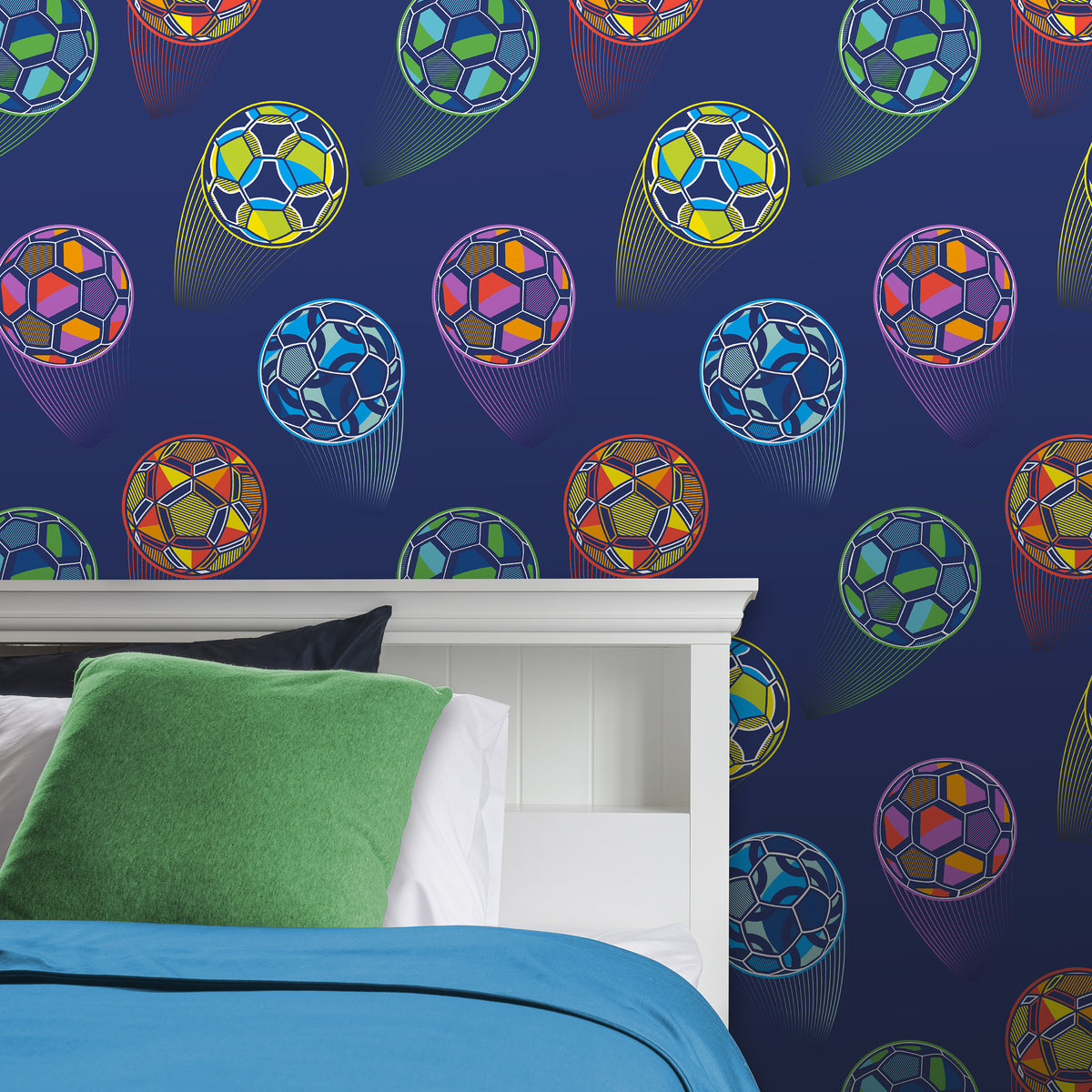 Catherine Lansfield Bright Football Wallpaper in Navy Blue
