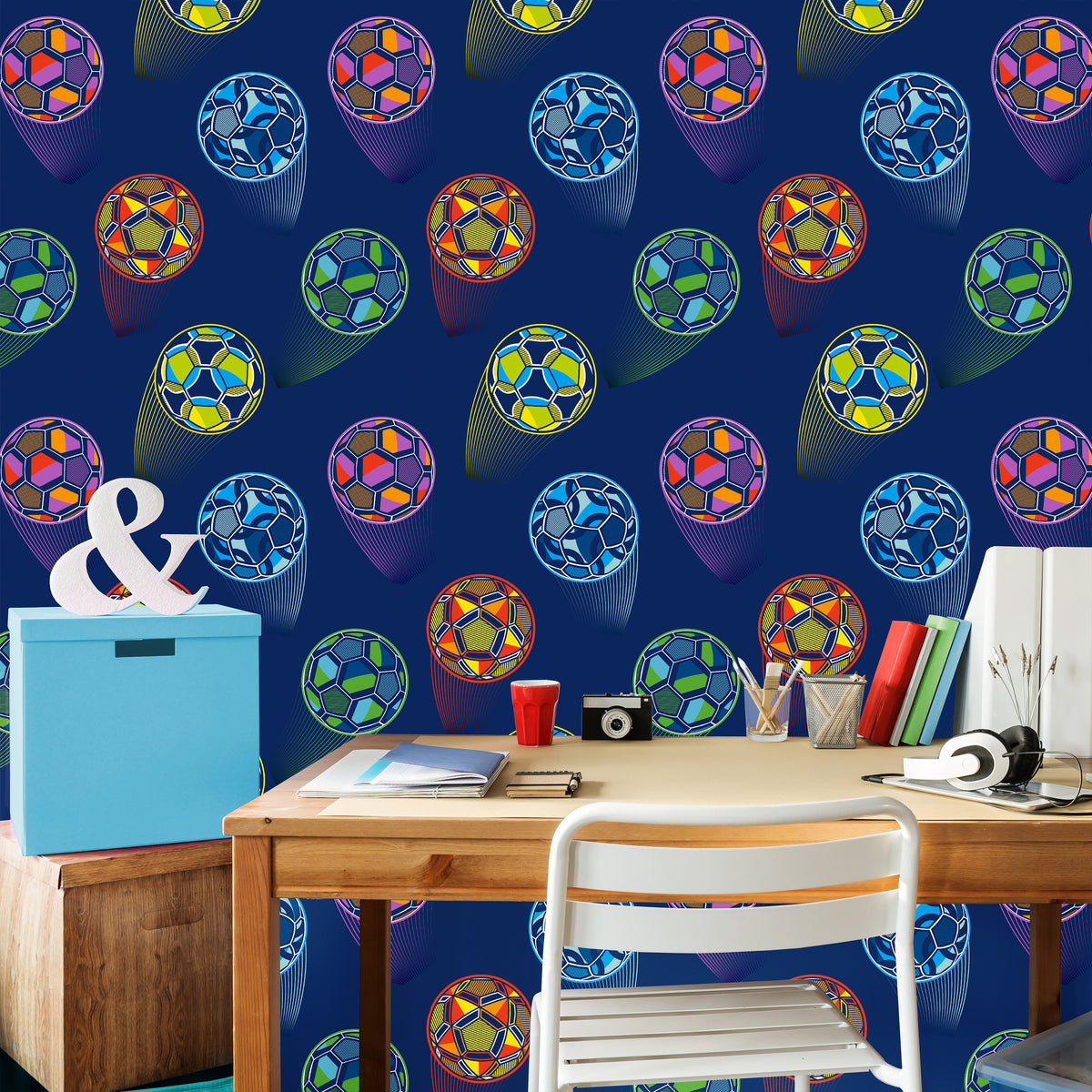 Catherine Lansfield Bright Football Wallpaper in Navy Blue