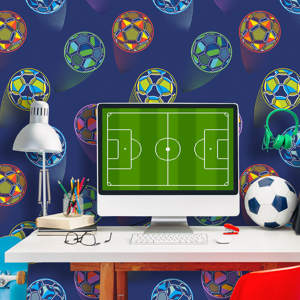 Catherine Lansfield Bright Football Wallpaper in Navy Blue