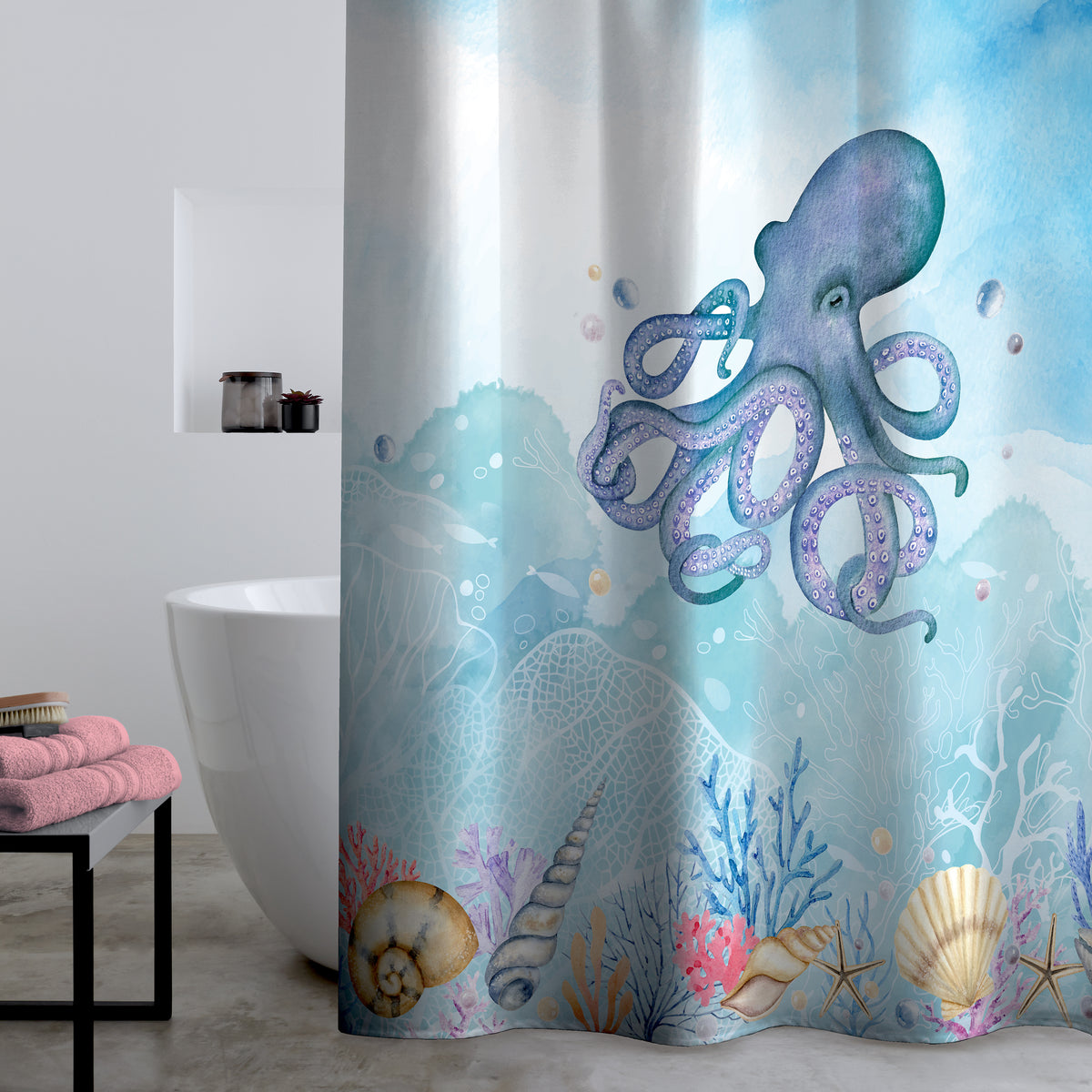 Catherine Lansfield Octopus Shower Curtain in Blue 180 x 180cm