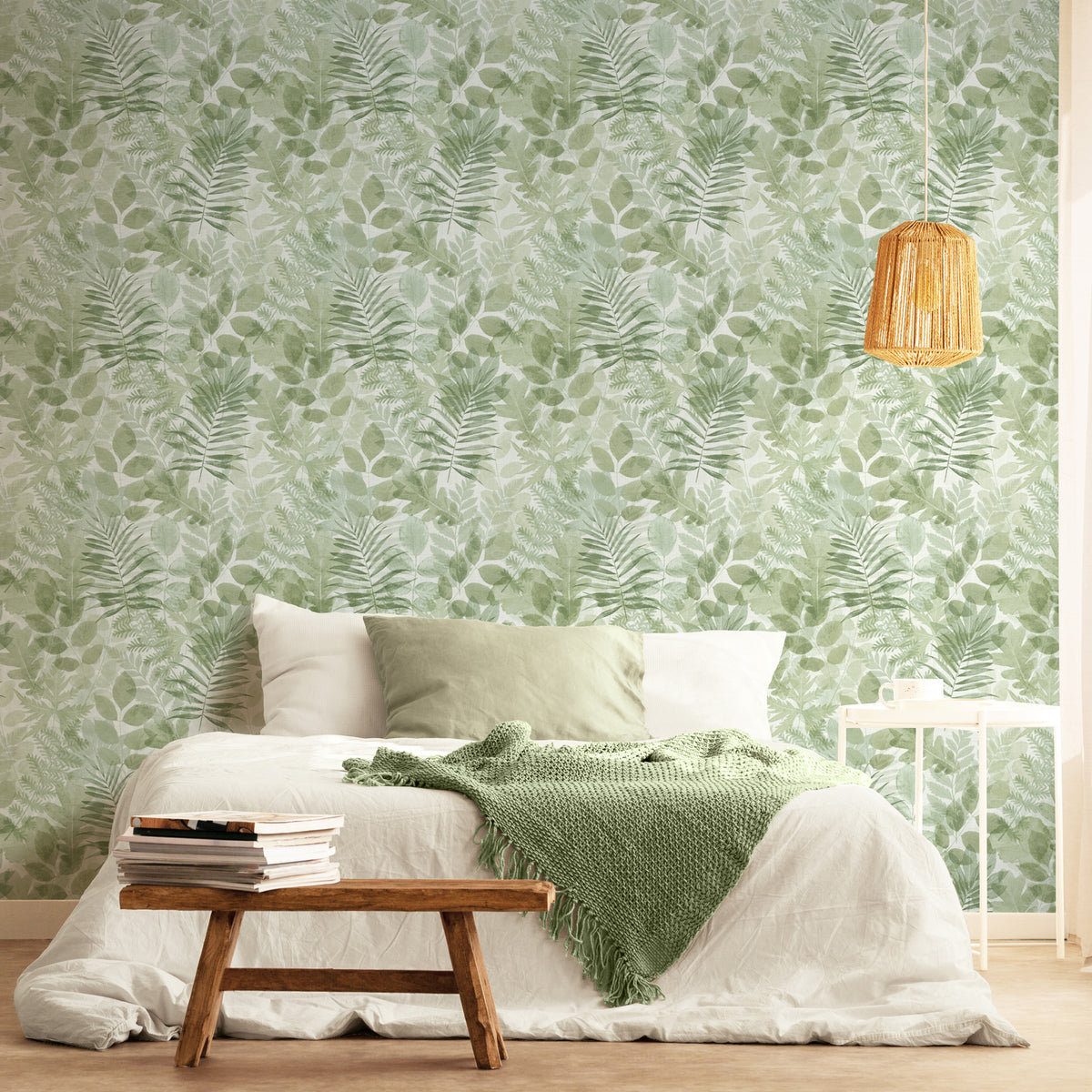 Catherine Lansfield Leaves Wallpaper in Green