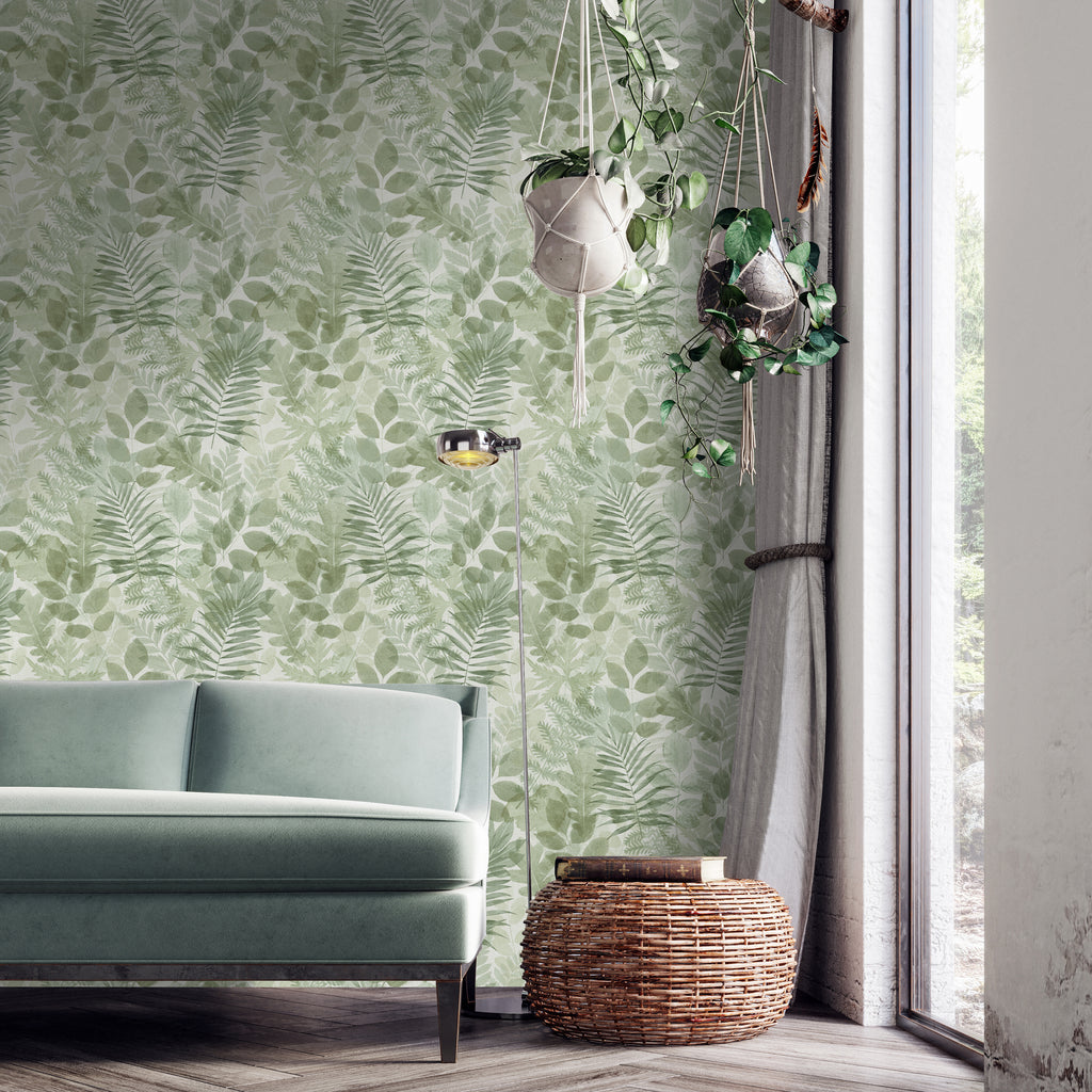 Catherine Lansfield Leaves Wallpaper in Green
