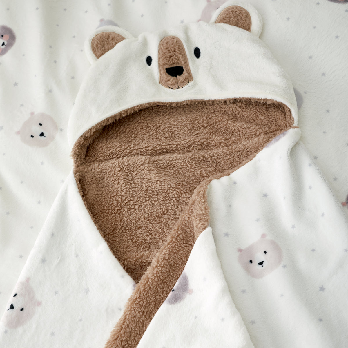 Catherine Lansfield Cosy Bear So Soft Fleece Hooded Blanket in Natural