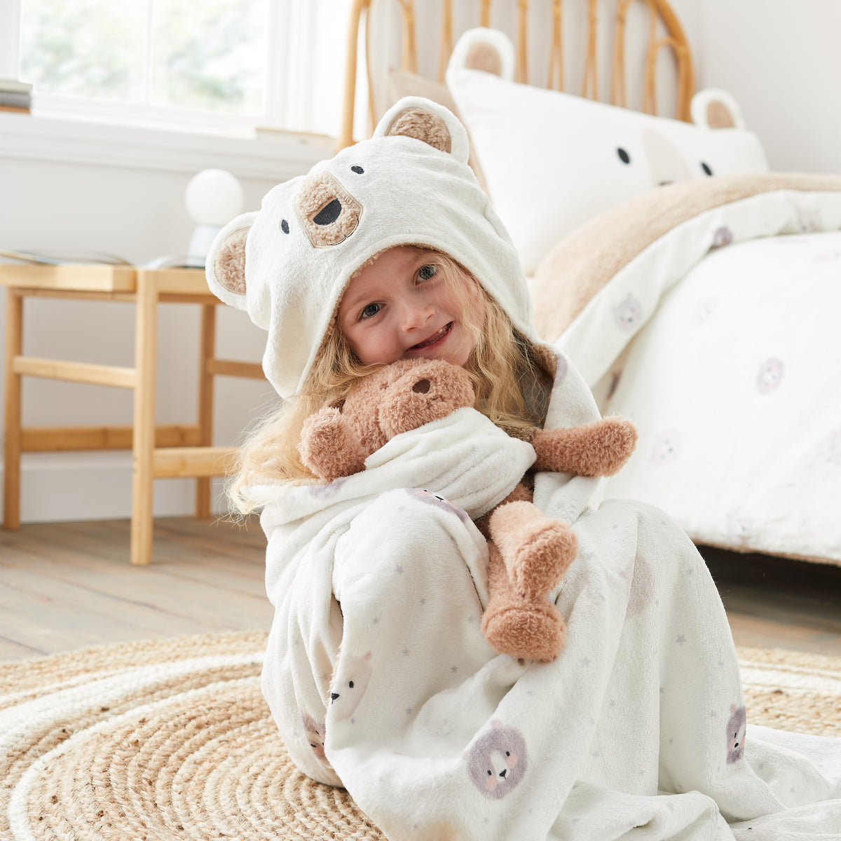 Catherine Lansfield Cosy Bear So Soft Fleece Hooded Blanket in Natural