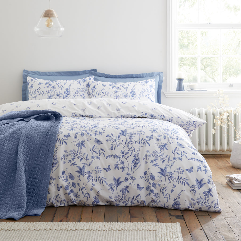 Bianca Thea Floral 200TC Cotton Reversible Duvet Cover Set Blue