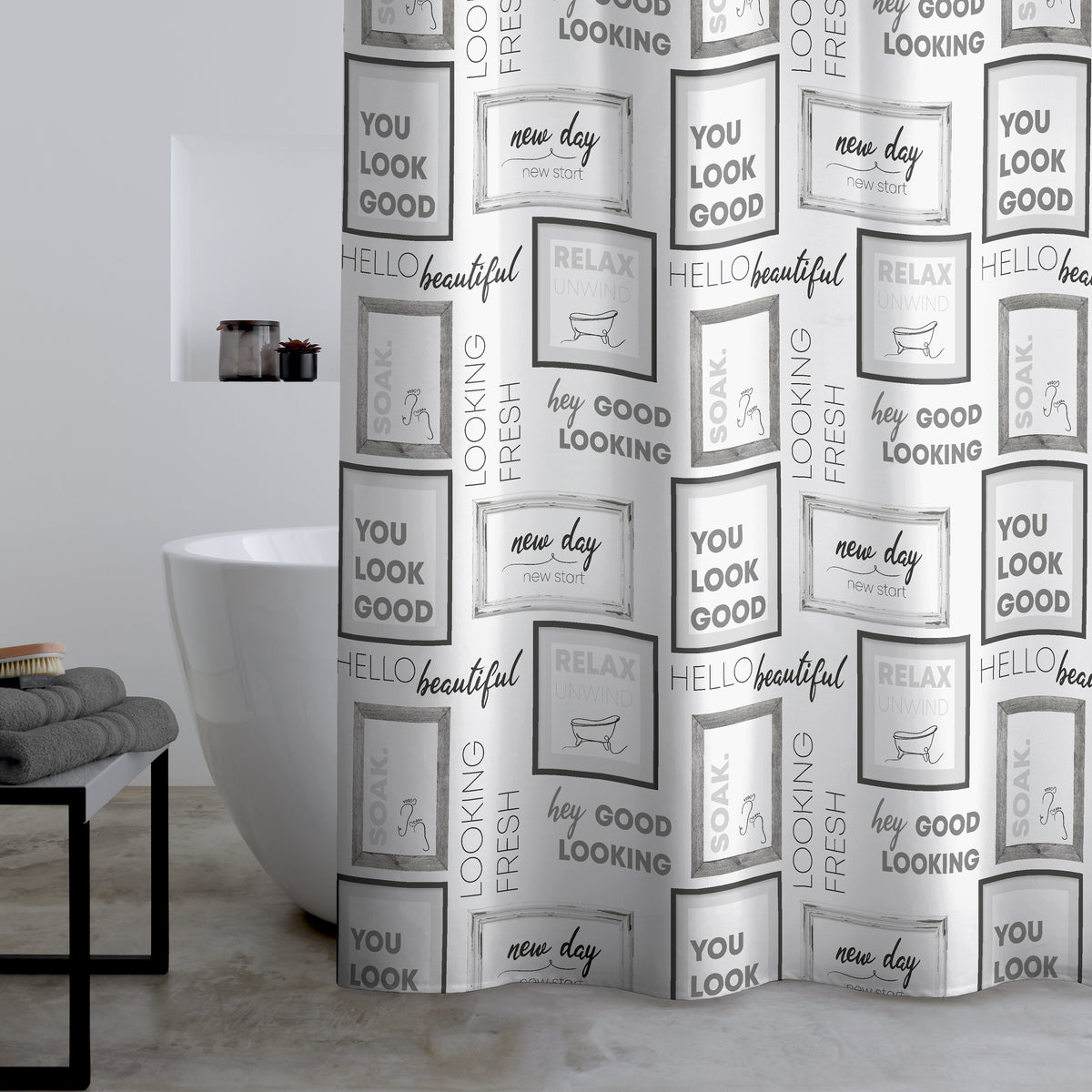 Catherine Lansfield Relax and Unwind Shower Curtain in Grey / Black 180 x 180cm