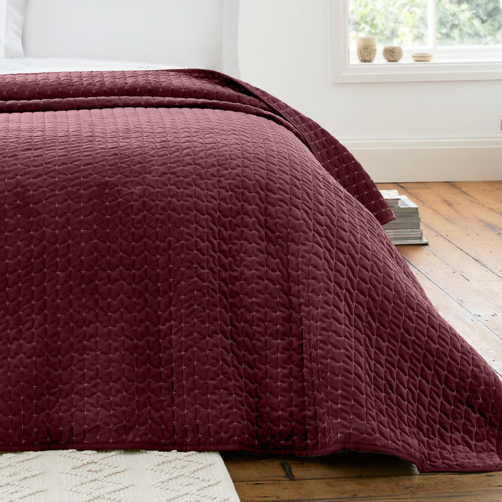 Bianca Attica Velvet Embroidered Bedspread Burgundy 240x260cm