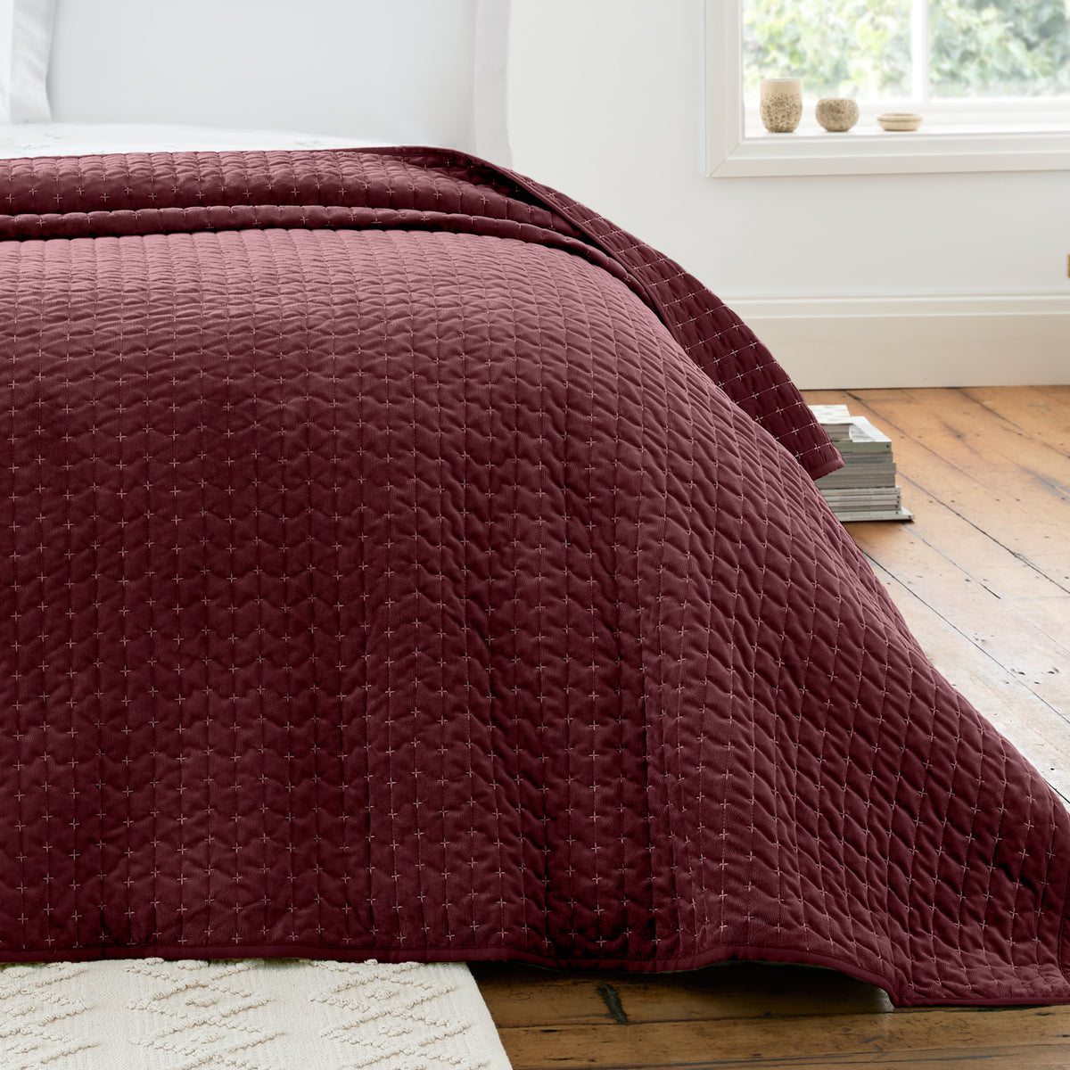Bianca Attica Velvet Embroidered Bedspread Burgundy 240x260cm