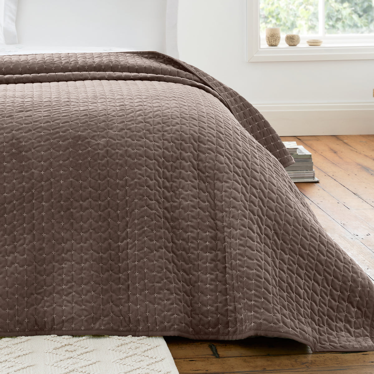 Bianca Attica Velvet Embroidered Bedspread Chocolate 240x260cm