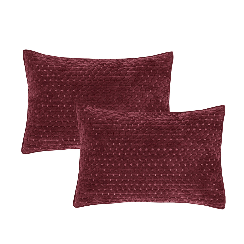 Bianca Fine Linens Attica Velvet Embroidered Pillow Sham Pair Burgundy