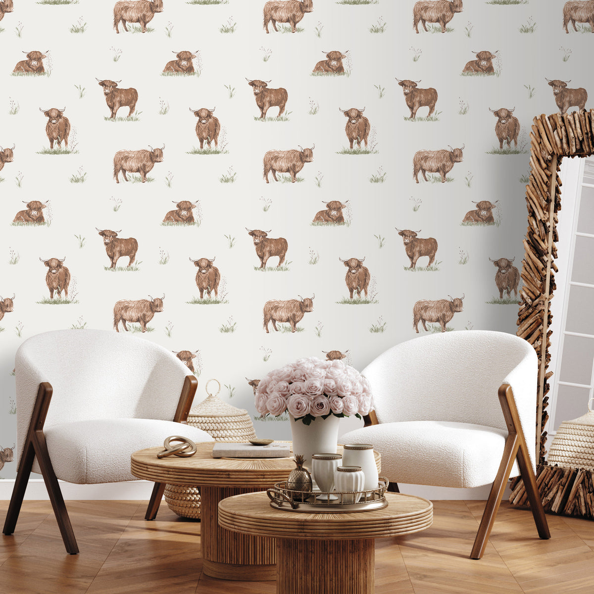 Catherine Lansfield Angus Highland Cow Wallpaper in Natural
