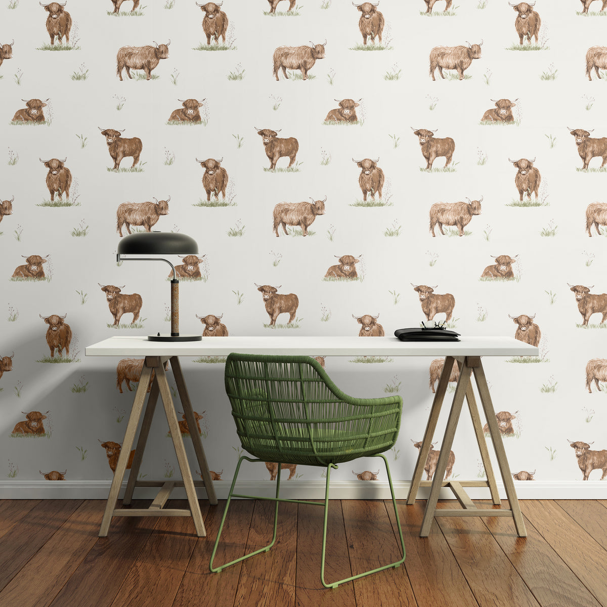 Catherine Lansfield Angus Highland Cow Wallpaper in Natural