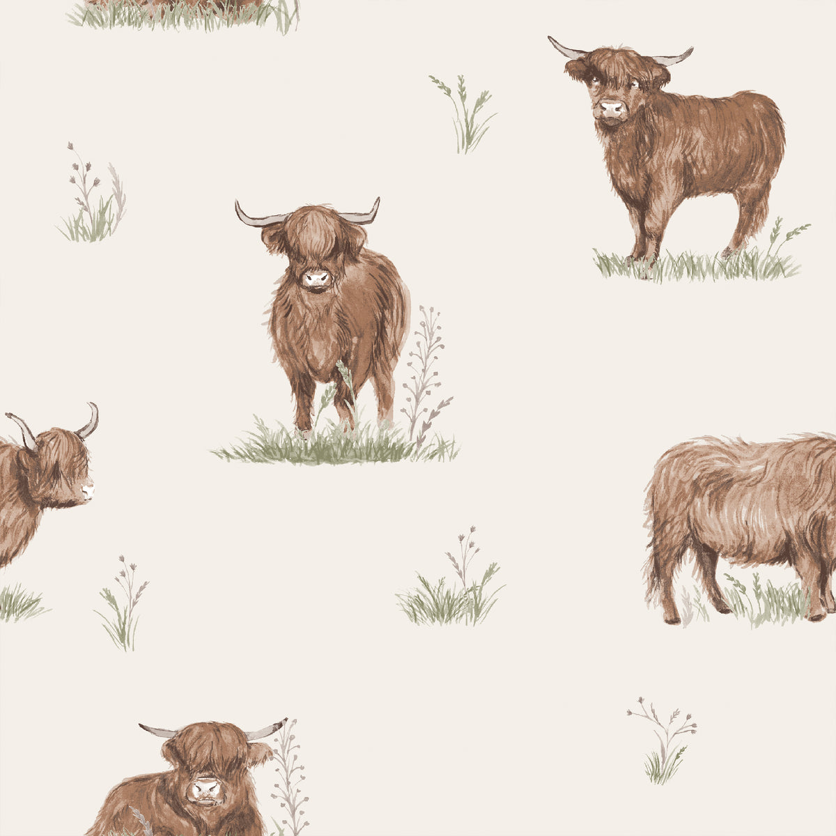 Catherine Lansfield Angus Highland Cow Wallpaper in Natural