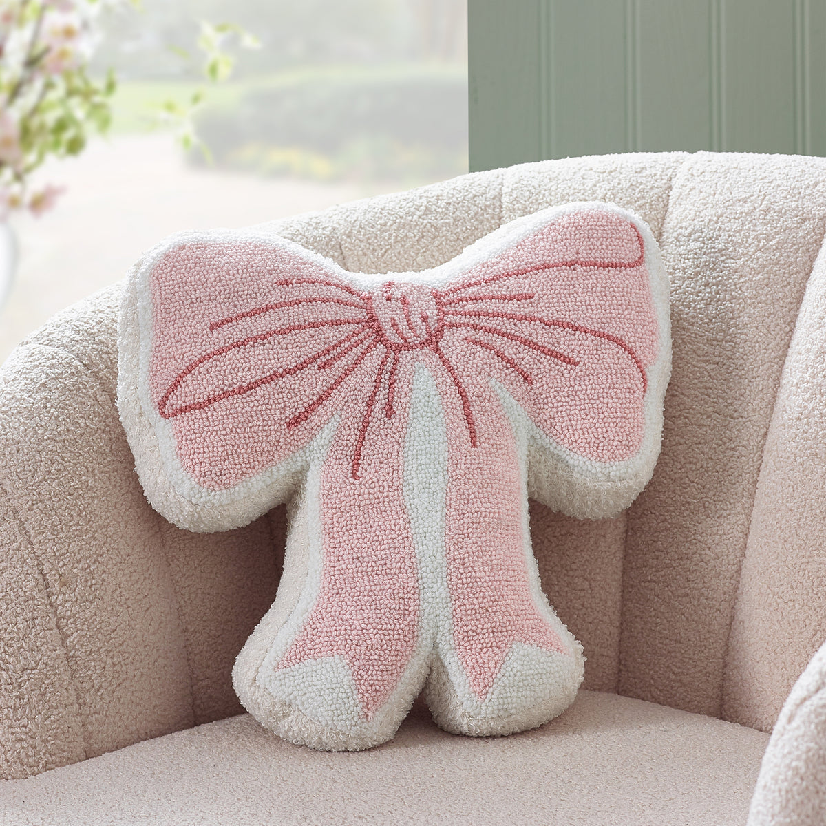 Catherine Lansfield Bow Boucle 3D Shaped Cushion Pink