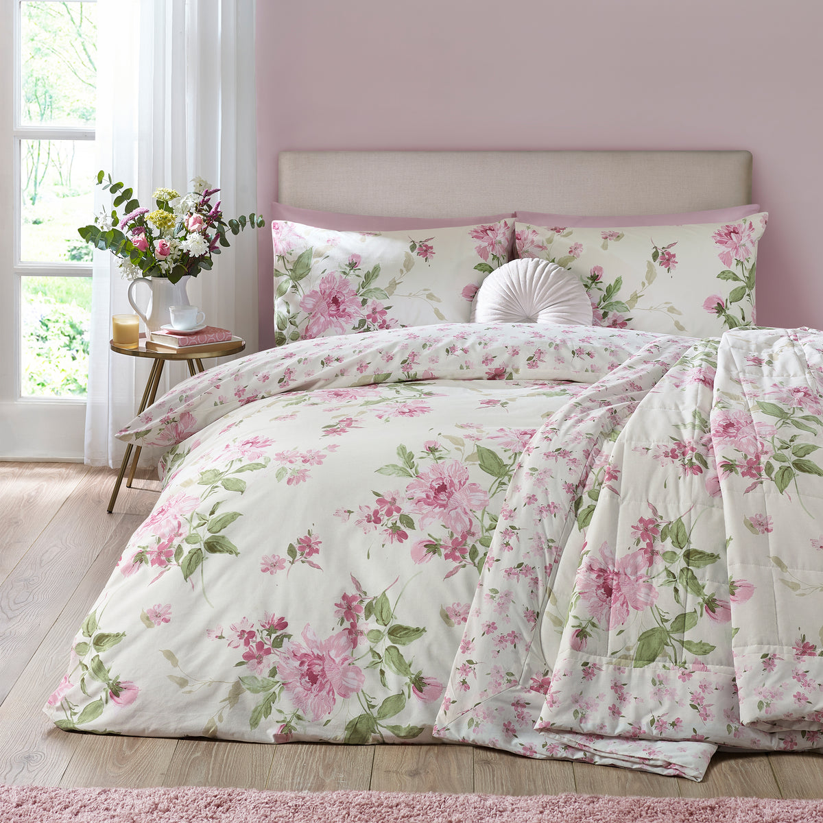 Catherine Lansfield Avebury Floral Reversible Duvet Cover Set Cream