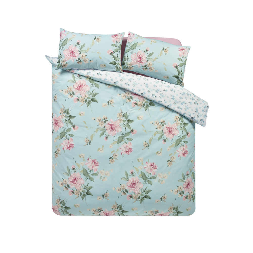 Catherine Lansfield Avebury Floral Reversible Duvet Cover Set Duck Egg Blue
