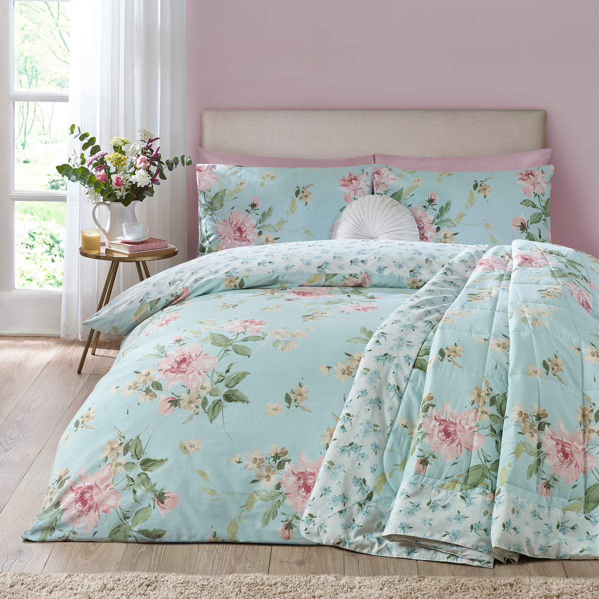 Catherine Lansfield Avebury Floral Reversible Duvet Cover Set Duck Egg Blue