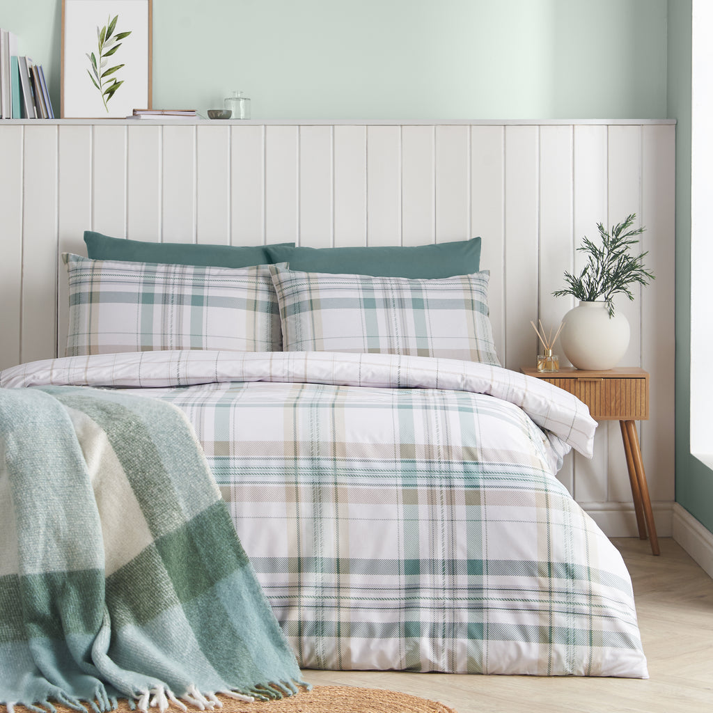Catherine Lansfield Soft Green Cartmel Check Reversible Duvet Cover Set