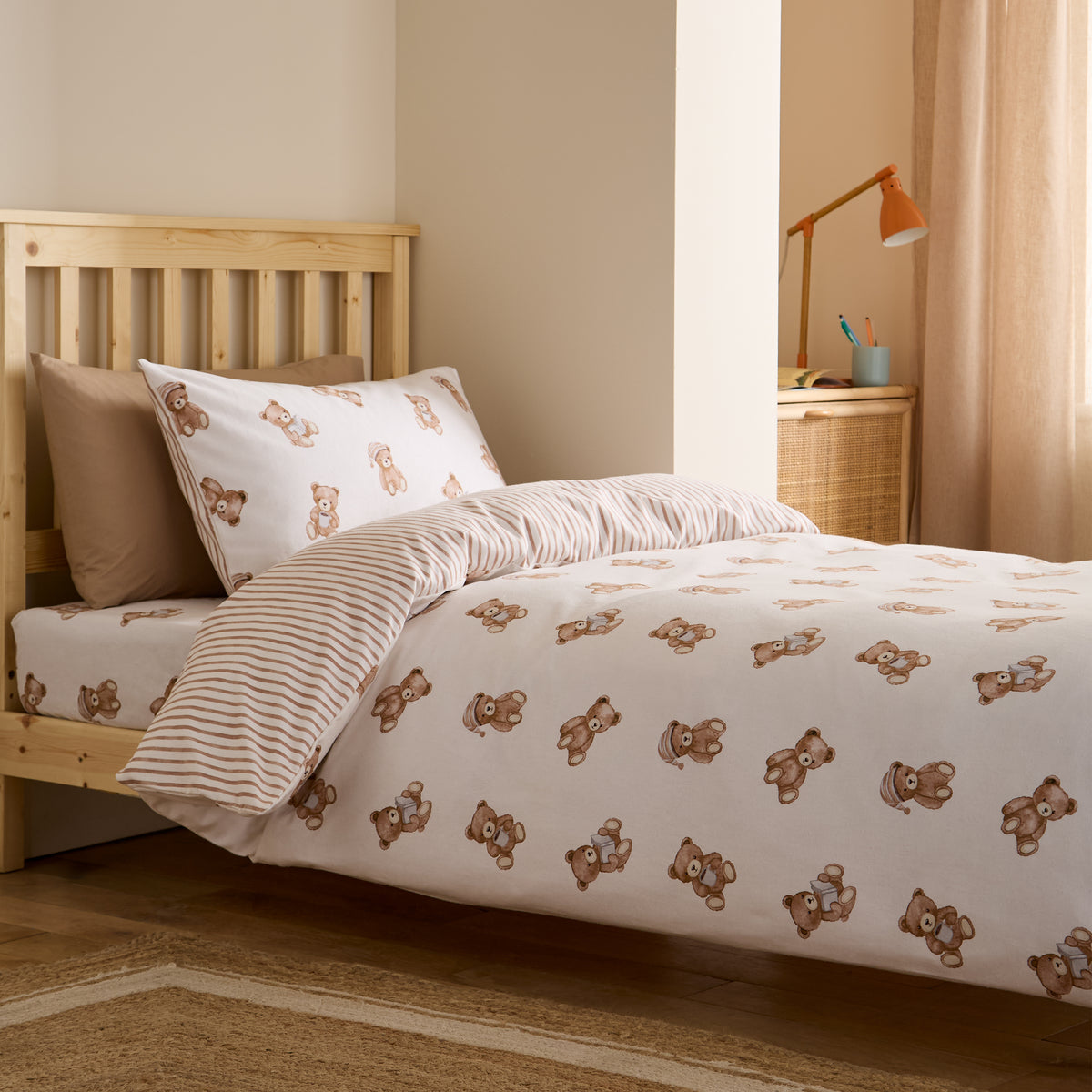 Catherine Lansfield Brushed Teddy Bear Cotton Reversible Duvet Cover Set in Cream