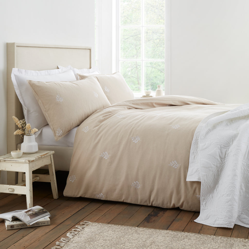 Bianca Brushed Embroidery Leaf Cotton Duvet Cover Set Natural