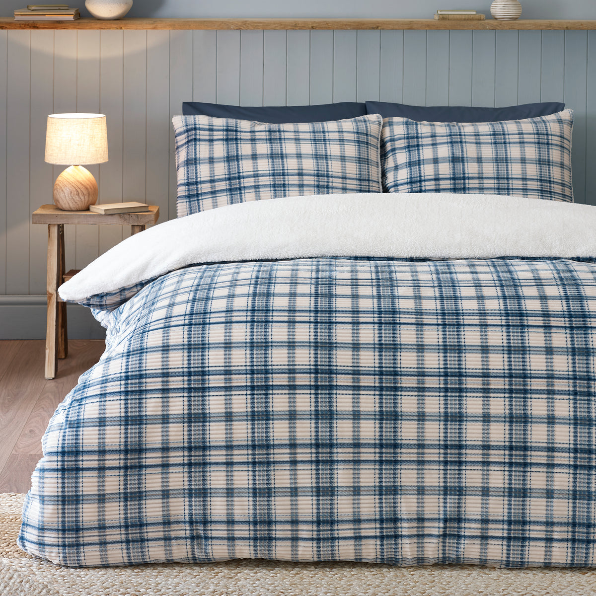 Catherine Lansfield Blue Soft and Cosy Ribbed Check Sherpa Duvet Cover Set