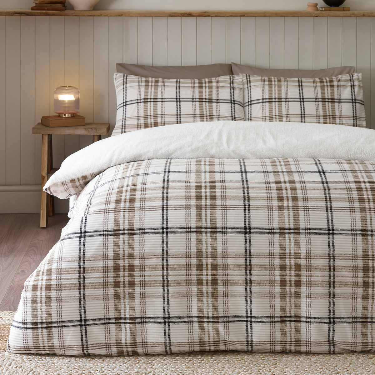 Catherine Lansfield Natural Soft and Cosy Ribbed Check Sherpa Duvet Cover Set