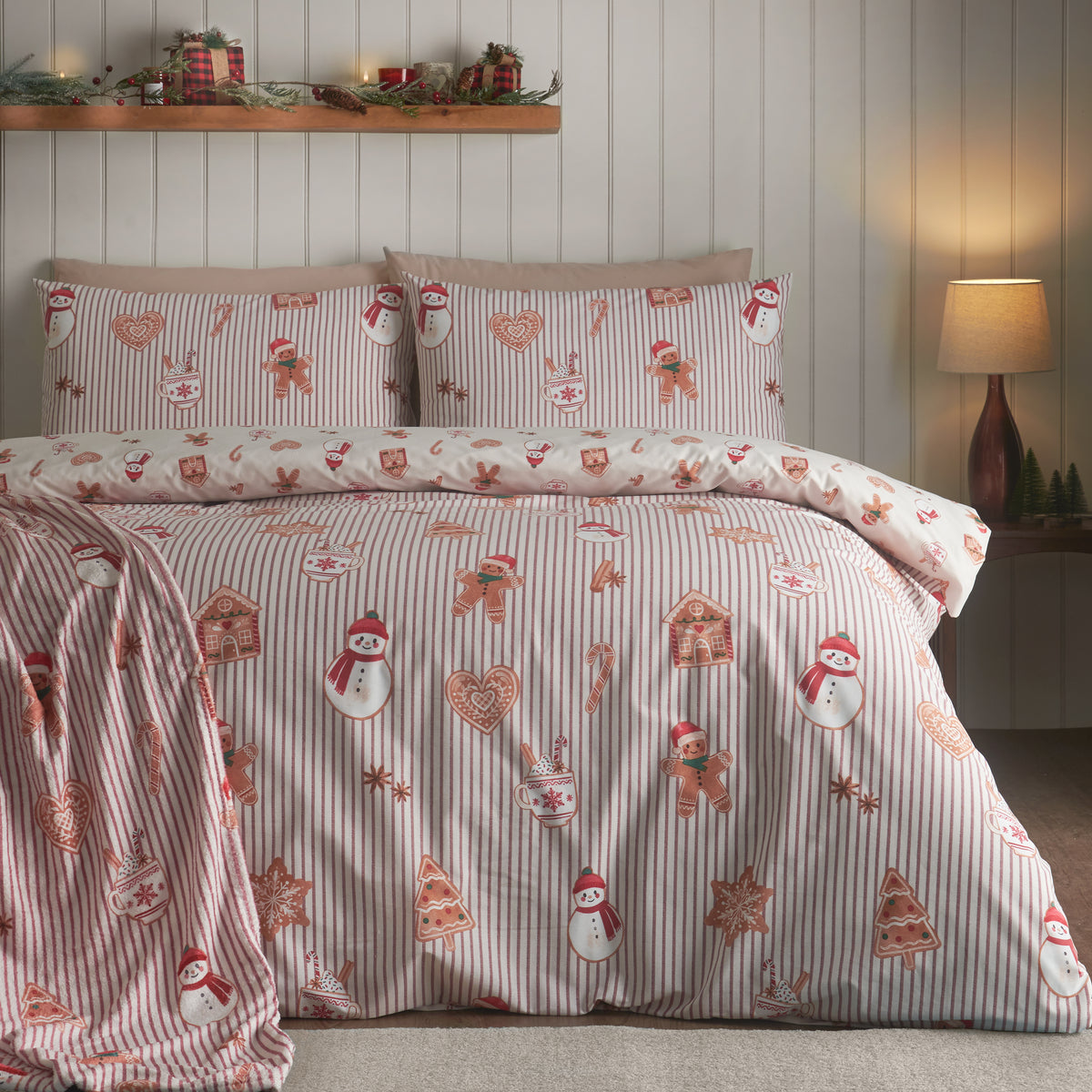 Catherine Lansfield Christmas Gingerbread Stripe Duvet Cover Set
