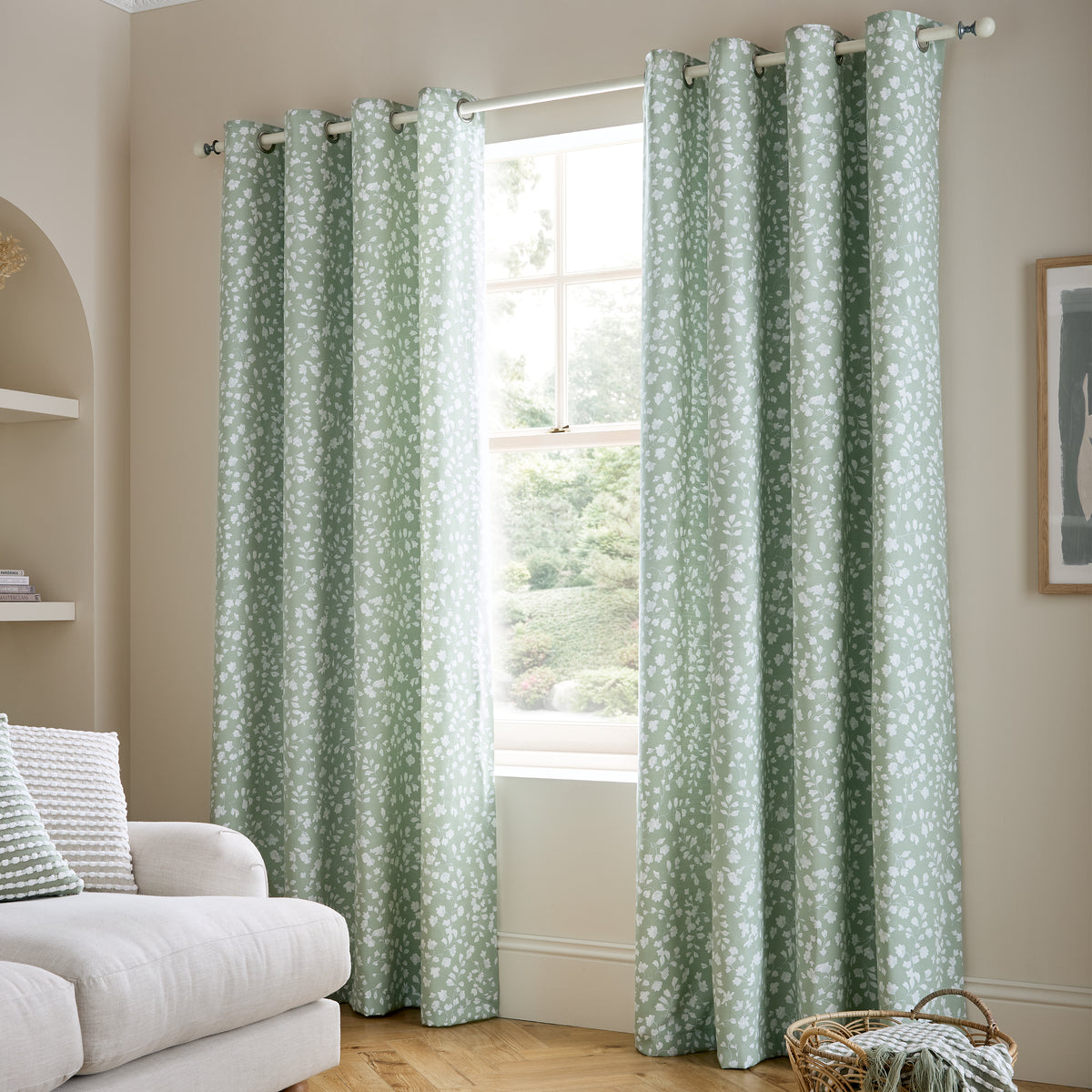 Catherine Lansfield Arla Floral Lined Eyelet Curtains in Green